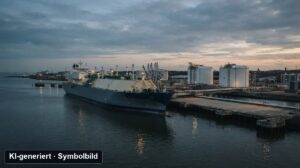 Symbolbild LNG-Handel: Flüssiggas-Tanker an einem Hafenterminal (KI-generiert)