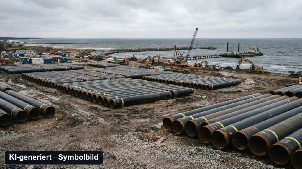 Symbolbild Nord Stream 2: Gaspipeline-Baustelle an der Ostseeküste (KI-generiert)
