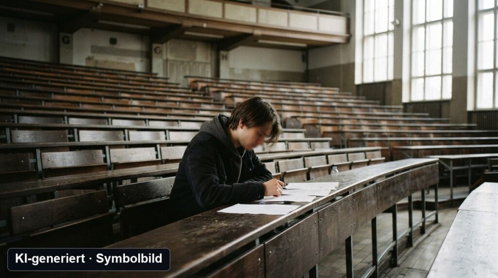 Symbolbild zur Studienplatzklage: Studentin mit Prüfungsunterlagen im Hörsaal (KI-generiert)