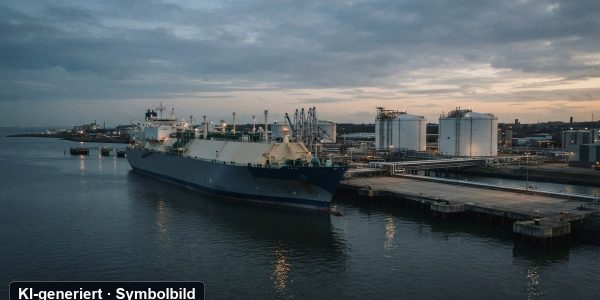 Symbolbild LNG-Handel: Flüssiggas-Tanker an einem Hafenterminal (KI-generiert)