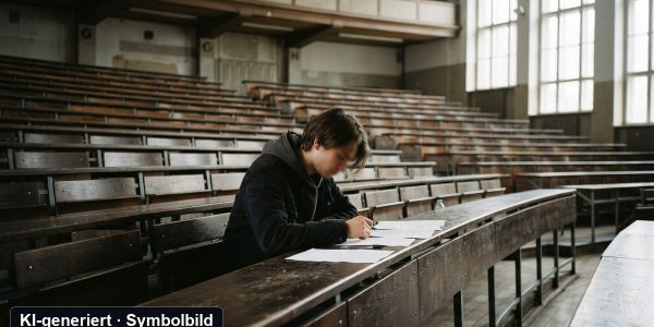 Symbolbild zur Studienplatzklage: Studentin mit Prüfungsunterlagen im Hörsaal (KI-generiert)